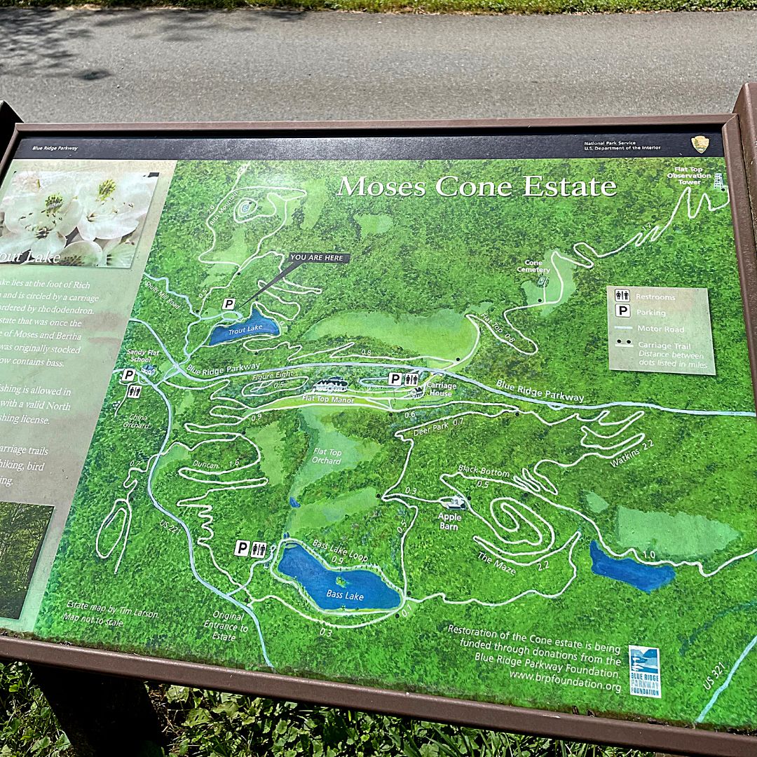 Moses Cone Estate, Boone NC Trail Map. Located by the Blue Ridge Parkway.