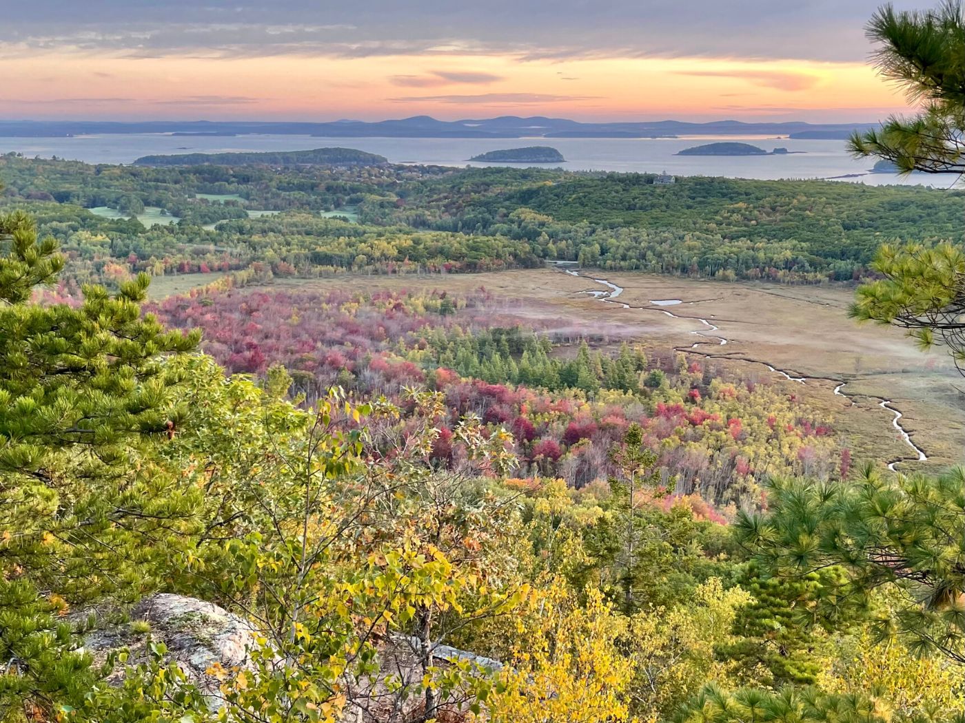 Emery Path at Dorr Mountain October Sunrise View of Cromwell Brook and Frenchman Bay Acadia Maine